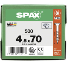 SPAX Logo auf einer Packung Universalschrauben, 500 Stück, Größe 4,5 mal 70 Millimeter, Antrieb T 20, Made in Germany.