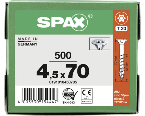 SPAX Logo auf einer Packung Universalschrauben, 500 Stück, Größe 4,5 mal 70 Millimeter, Antrieb T 20, Made in Germany.