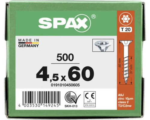 Verpackung mit 500 SPAX Schrauben, Größe 4,5 mal 60 Millimeter, Torx 20 Antrieb, verzinkt, Made in Germany.