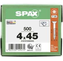 Verpackung SPAX Universalschrauben 4 mal 45 Millimeter, 500 Stück, Senkkopf, T-STAR plus T 20, Made in Germany.