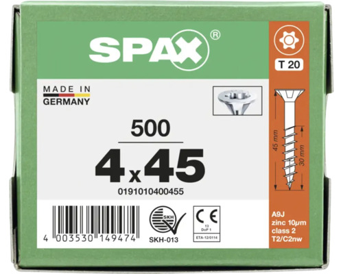 Verpackung SPAX Universalschrauben 4 mal 45 Millimeter, 500 Stück, Senkkopf, T-STAR plus T 20, Made in Germany.