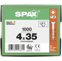 SPAX Universalschraube 4 mal 35 Millimeter, Senkkopf, Torx 20, verzinkt, 1000 Stück, hergestellt in Deutschland.