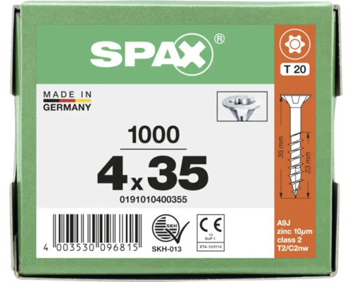 SPAX Universalschraube 4 mal 35 Millimeter, Senkkopf, Torx 20, verzinkt, 1000 Stück, hergestellt in Deutschland.