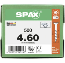 SPAX Schrauben 4 mal 60 Millimeter, 500 Stück, Torx T20, Senkkopf, verzinkt.