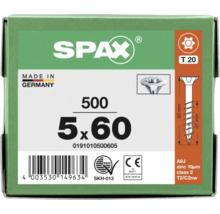 Schachtel mit 500 SPAX Schrauben, 5 mal 60 Millimeter, Torx T20 Antrieb, Senkkopf, Made in Germany, CE-Kennzeichnung.