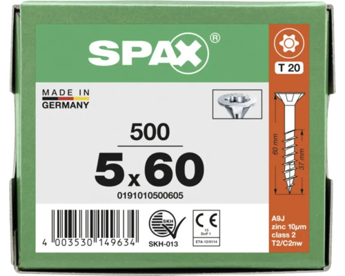 Schachtel mit 500 SPAX Schrauben, 5 mal 60 Millimeter, Torx T20 Antrieb, Senkkopf, Made in Germany, CE-Kennzeichnung.