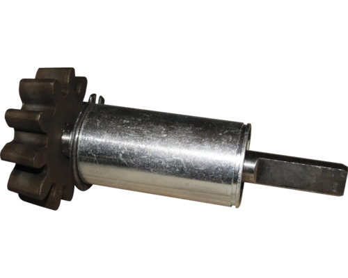 Zahnradwelle aus Metall mit zylindrischem Gehäuse und Vierkantantrieb.