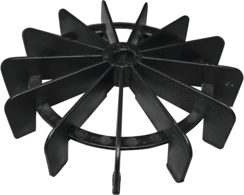 Schwarzes Lüfterrad aus Kunststoff mit zwölf Flügeln.