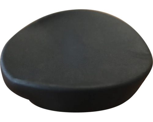 Matte, kieselsteinförmige Ablaufabdeckung für Waschbecken in Schwarz.