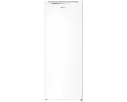 Weißer freistehender Kühlschrank mit integriertem Türgriff und Amica Logo.
