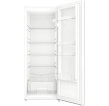 Kühlschrank mit offener Tür, vier Glasablagen, einem Gemüsefach und vier Türabstellern.
