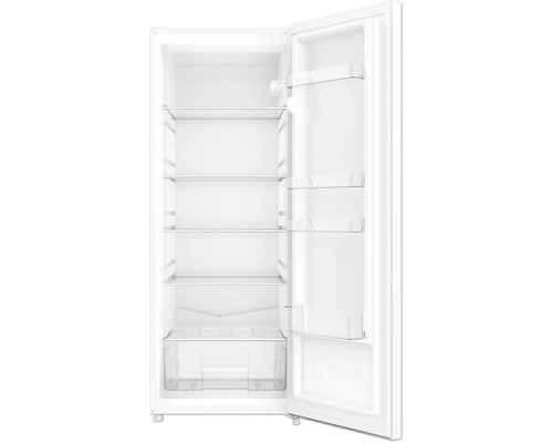 Kühlschrank mit offener Tür, vier Glasablagen, einem Gemüsefach und vier Türabstellern.