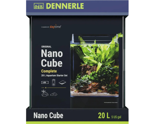 Dennerle Nano Cube Complete 20 Liter Aquarium-Starter-Set mit LED-Beleuchtung, Filter, Bodengrund und Abdeckscheibe.