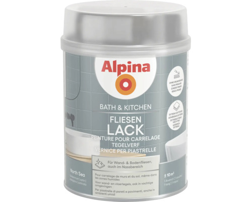 Alpina Fliesenlack Bath und Kitchen für Wandfliesen und Bodenfliesen im Farbton North Sea seidenmatt, ohne Grundierung, extrem haftstark.