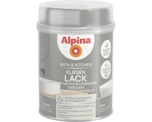 Alpina Bad und Küche Fliesenlack seidenmatt Granite für Wandfliesen und Bodenfliesen im Nassbereich ohne Grundierung mit extremer Haftung.