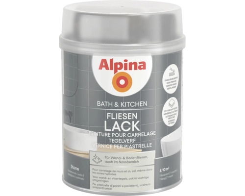 Alpina Bad und Küche Fliesenlack für Wand- und Bodenfliesen im Farbton Stone, seidenmatt, Ergiebigkeit circa 10 Quadratmeter.