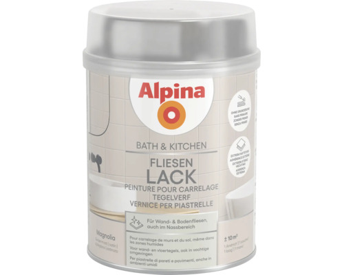 Alpina Fliesenlack Bath & Kitchen für Wand- und Bodenfliesen, Magnolia, seidenmatt, circa 10 Quadratmeter Reichweite.