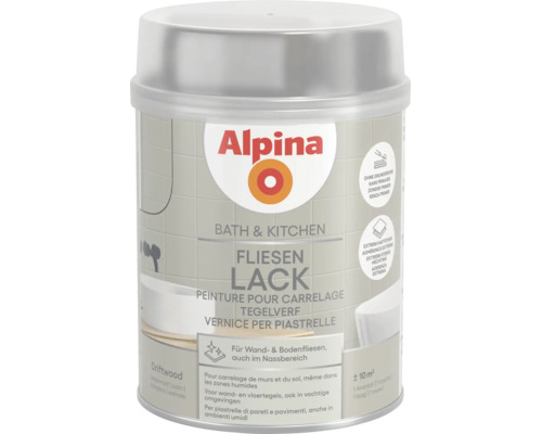 Alpina Fliesenlack Bath und Kitchen für Wand und Bodenfliesen im Farbton Driftwood seidenmatt.
