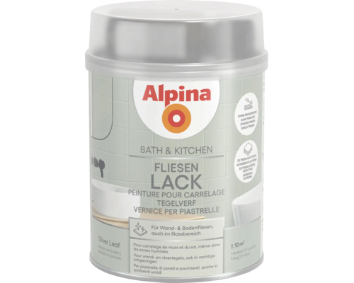 Alpina Bath and Kitchen Fliesenlack für Wandfliesen und Bodenfliesen im Farbton Silver Leaf seidenmatt.