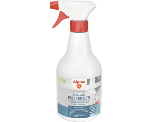 Alpina Schimmelentferner für Bad und Küche, chlorfrei, in einer weißen Sprühflasche.