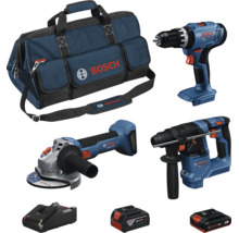 Bosch Professional 18 Volt Set bestehend aus Akku-Bohrschrauber, Winkelschleifer, Bohrhammer, Ladegerät, zwei Akkus und Werkzeugtasche.