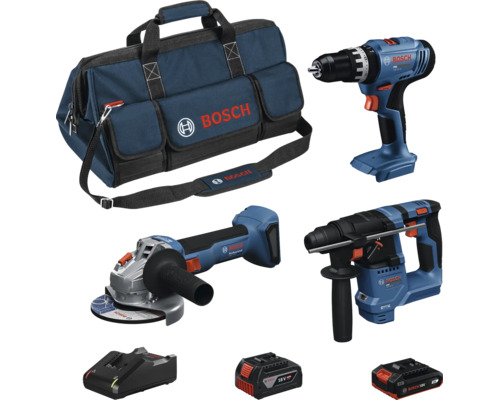 Bosch Professional 18 Volt Set bestehend aus Akku-Bohrschrauber, Winkelschleifer, Bohrhammer, Ladegerät, zwei Akkus und Werkzeugtasche.