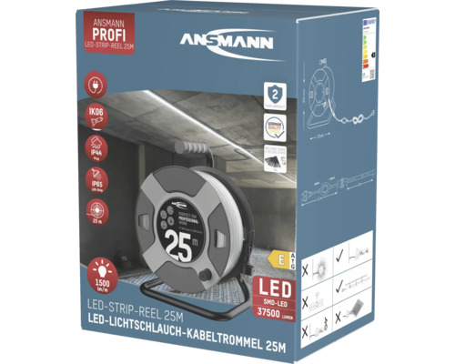 Ansmann LED-Lichtschlauch-Kabeltrommel, 25 Meter Länge, 37500 Lumen, mit IP65 geschütztem LED-Streifen und IP44 Stecker.