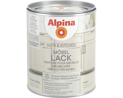 Alpina Möbellack Bath und Kitchen Chalk Cliffs seidenmatt, strapazierfähig, für circa 10 Quadratmeter bei einem Anstrich.