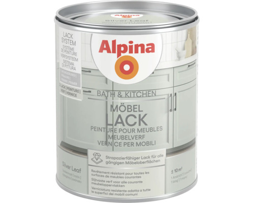 Strapazierfähiger Alpina Möbellack Bath und Kitchen im Farbton Silver Leaf, seidenmatt, für circa 10 Quadratmeter, Alpina Logo.