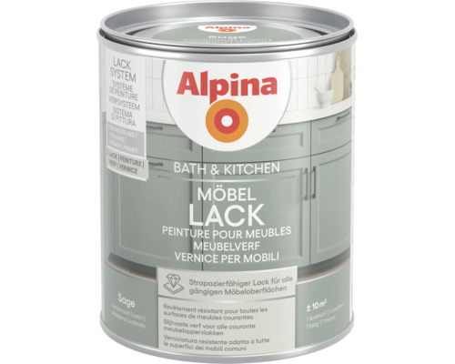 Alpina Möbellack Bath und Kitchen, Farbton Sage, seidenmatt, für strapazierfähige Möbeloberflächen.