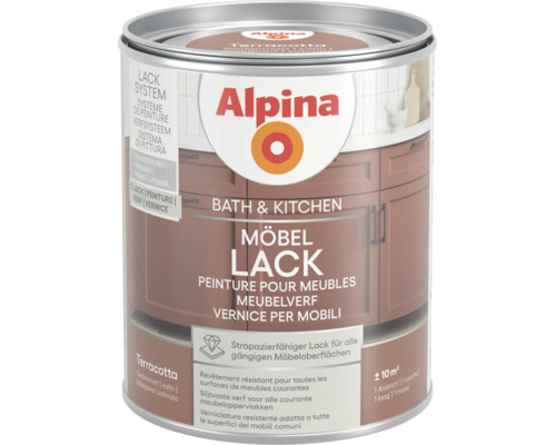 Alpina Möbellack für Bad und Küche in Terracotta, seidenmatt, Ergiebigkeit für circa 10 Quadratmeter.