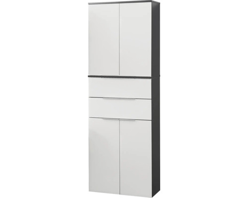 Hochschrank mit vier Türen und zwei Schubladen, Korpus in Anthrazit und Fronten in Weiß.