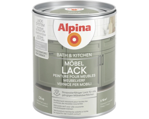 Alpina Möbellack für Bad und Küche, seidenmatt, für circa 10 Quadratmeter, Farbe Olive.