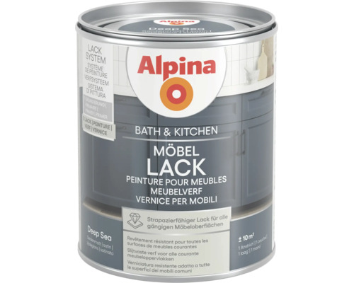 Alpina Bad und Küchen Möbellack in Deep Sea, seidenmatt, für strapazierfähige Möbeloberflächen, reicht für circa 10 Quadratmeter.