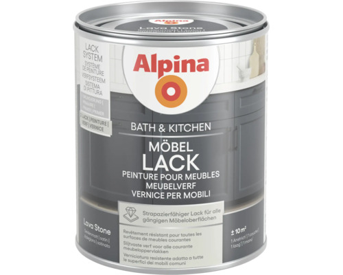 Alpina Möbellack für Bad und Küche im Farbton Lava Stone, seidenmatt, Reichweite circa 10 Quadratmeter.