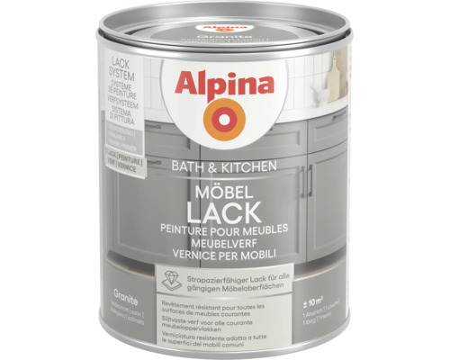 Alpina Bath und Kitchen Möbellack in Granite, seidenmatt, strapazierfähiger Lack für Küchen- und Badezimmermöbel, Reichweite circa 10 Quadratmeter.