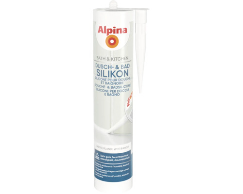 Alpina Dusch- und Bad Silikon in Weiß, Kartusche für Feuchträume, dauerelastisch und feuchtigkeitsbeständig.