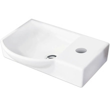 Weißes Handwaschbecken aus Keramik mit Hahnloch rechts und mittigem Ablauf.