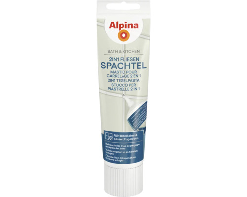 Alpina 2 in 1 Fliesenspachtel für Bad und Küche in der Tube zum Füllen von Bohrlöchern und Ausbessern von Fugen.
