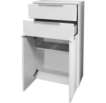 Weißer Badezimmerschrank mit zwei Schubladen und zwei Türen, geöffnet dargestellt mit Sicht auf den Innenraum und Einlegeboden.
