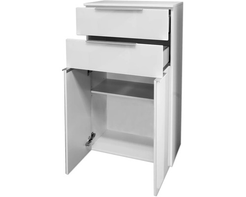 Weißer Badezimmerschrank mit zwei Schubladen und zwei Türen, geöffnet dargestellt mit Sicht auf den Innenraum und Einlegeboden.