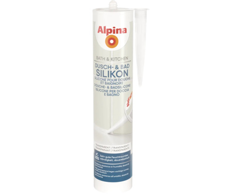 Alpina Dusch- und Badsilikon transparent in einer Kartusche mit Düse für Feuchträume.