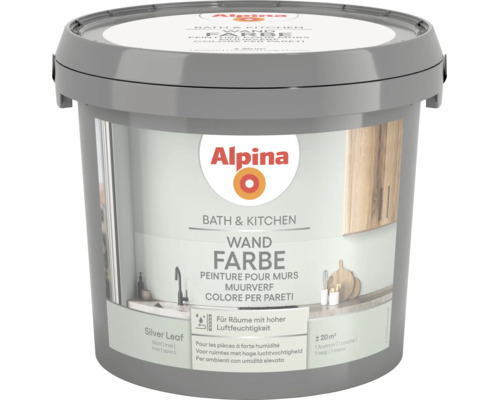 Alpina Wandfarbe Bath und Kitchen Silver Leaf matt für Räume mit hoher Luftfeuchtigkeit circa 20 Quadratmeter.