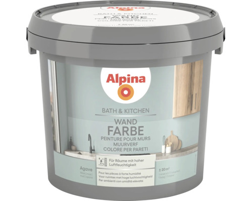 Alpina Bath and Kitchen Wandfarbe im Farbton Agave, matte Innenfarbe für Räume mit hoher Luftfeuchtigkeit wie Küche und Bad.