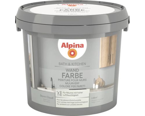 Alpina Bath und Kitchen Wandfarbe Storm Cloud matt für Räume mit hoher Luftfeuchtigkeit.