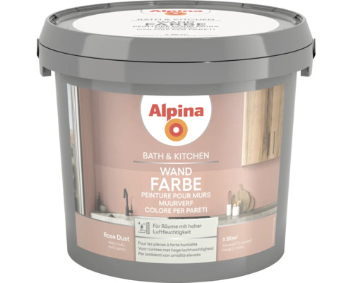 Alpina Wandfarbe Bath und Kitchen, Farbton Rose Dust, matt, für Räume mit hoher Luftfeuchtigkeit, Reichweite circa 20 Quadratmeter.