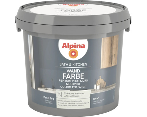 Alpina Bath und Kitchen Wandfarbe Deep Sea, matt, für feuchte Räume, circa 20 Quadratmeter.