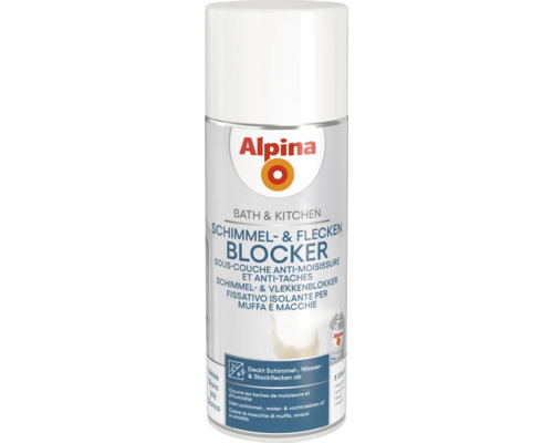 Alpina Schimmel- und Fleckenblocker Spray für Bad und Küche, deckt Schimmel-, Wasser- und Stockflecken ab.