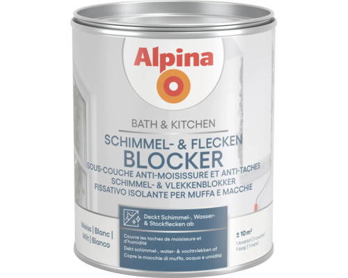 Alpina Schimmel- und Flecken-Blocker für Bad und Küche, weiße Spezialfarbe zur Abdeckung von Flecken, reicht für circa 10 Quadratmeter.
