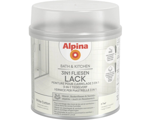 Alpina 3-in-1 Fliesenlack Bath und Kitchen für Wandfliesen, Bodenfliesen und Sanitärgegenstände, Farbe White Cotton seidenmatt, circa 7 Quadratmeter.